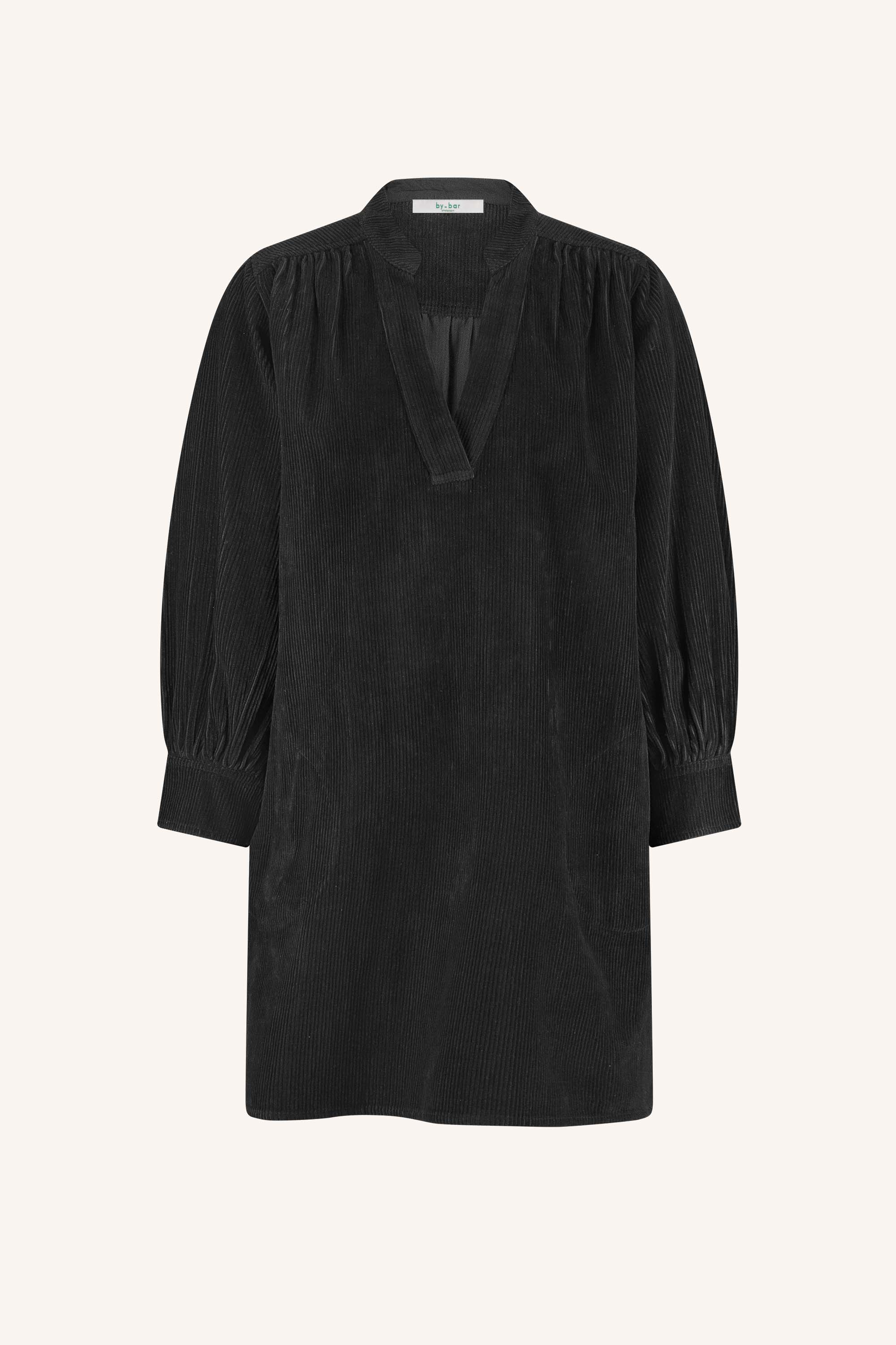 jina cord dress - midnight, midi lengte, geplooide details, ribpatroon - by-bar - achteraanzicht