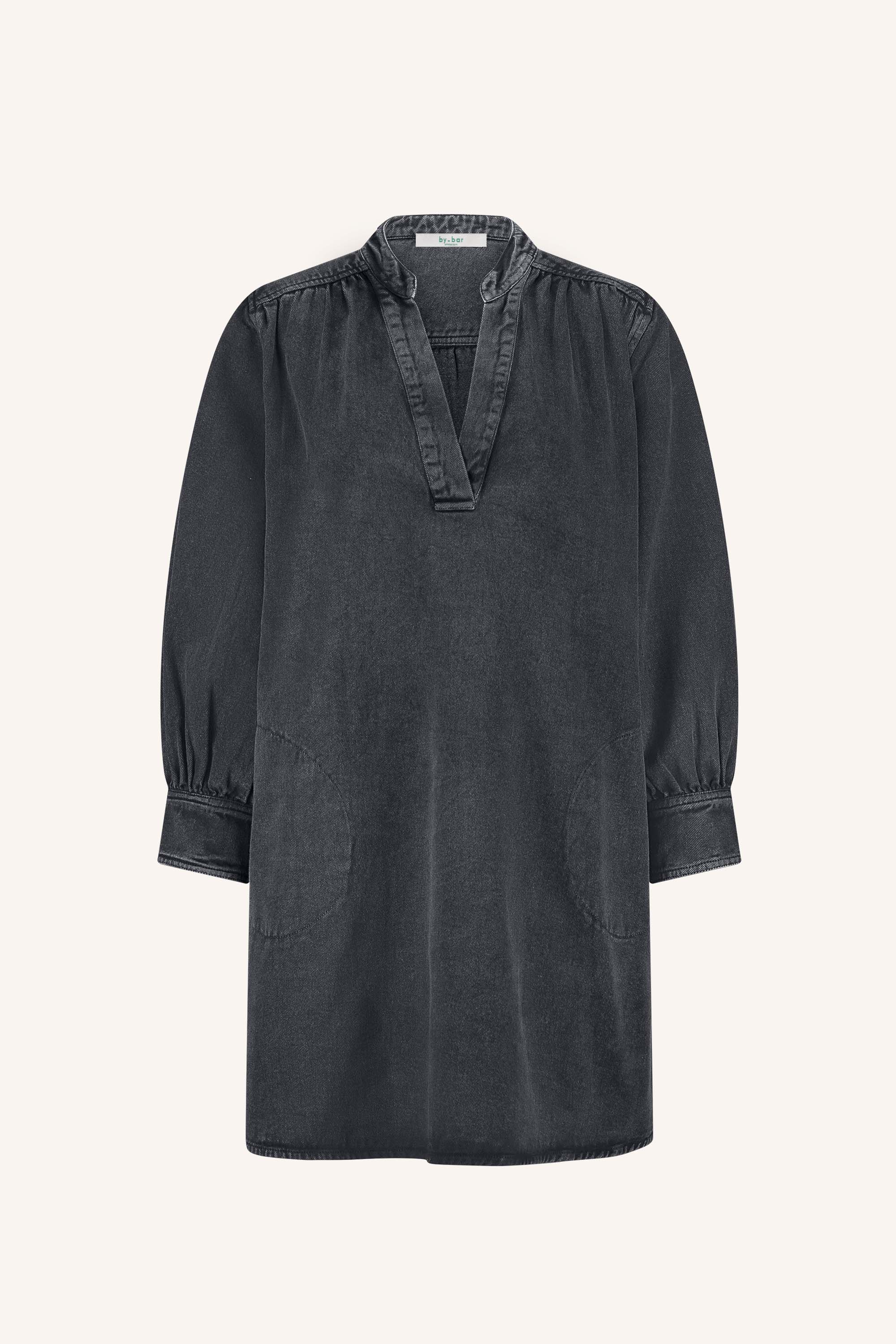 jina twill dress - jet black, volumnieuze mouwen, soepel vallende denim stof, midi lengte - by-bar - productfoto