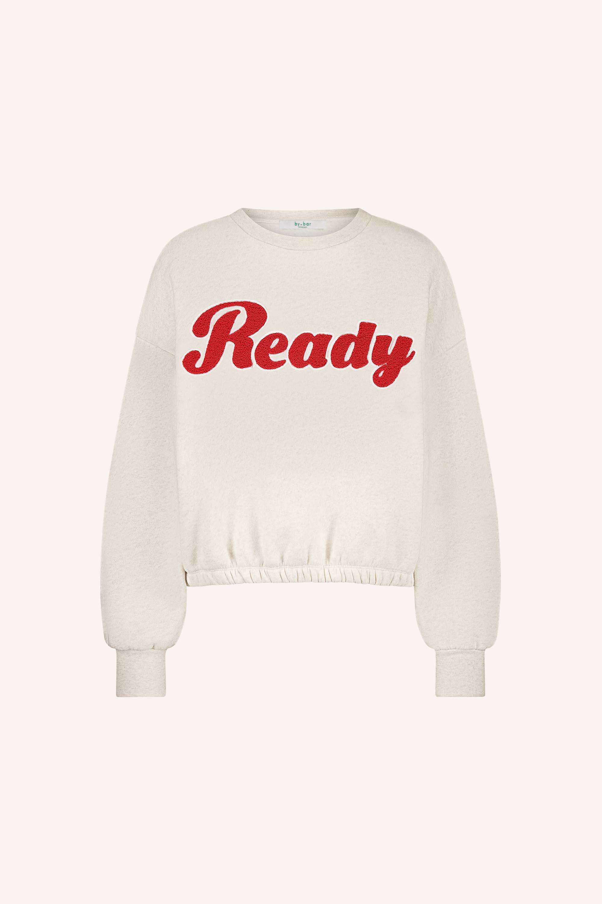 bodil ready sweater - oyster melee, verlaagde schoudernaden, elastieken band, statement print - by-bar - productfoto