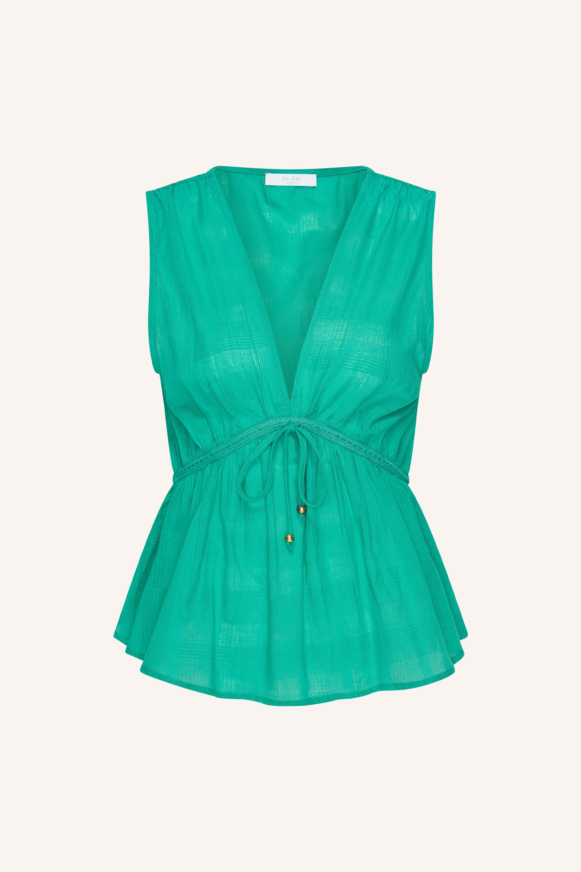 meryl-dobby-top-lucky-green-met strikceintuur-korte fit-v-halslijn-by-bar-productfoto
