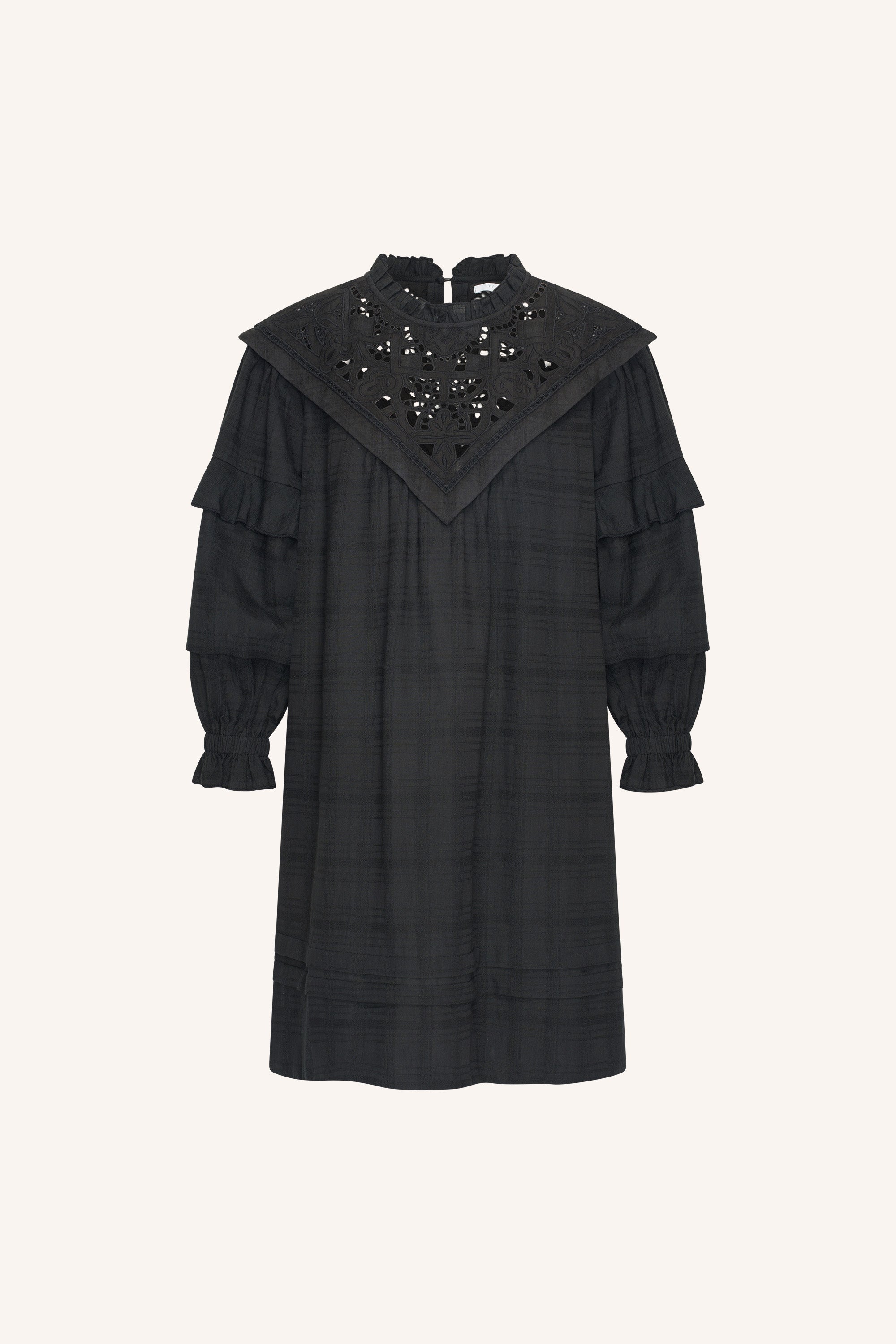 bowie-dress-jet-black-losvallende pasvorm-midi lengte-opstaande kraag-by-bar-productfoto