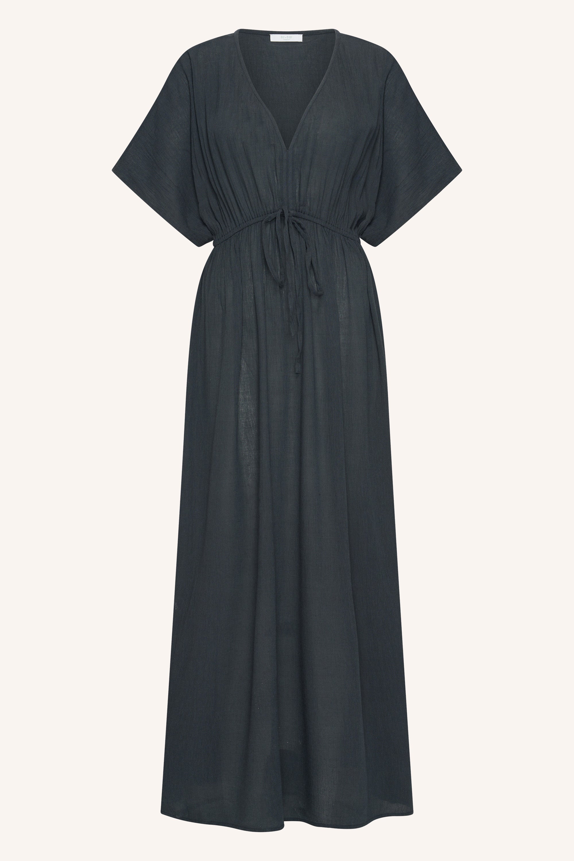 long-dress-charcoal-casual fit-losvallende pasvorm-v-halslijn-by-bar-productfoto