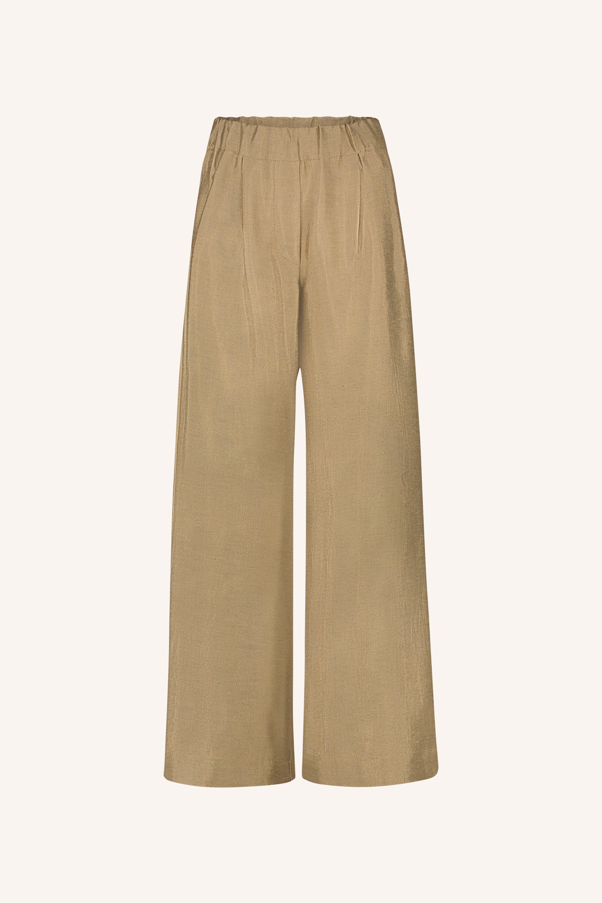 benji-gloss-pants-gold-1-elastieken band-losvallende pasvorm-geplooide details-by-bar-productfoto