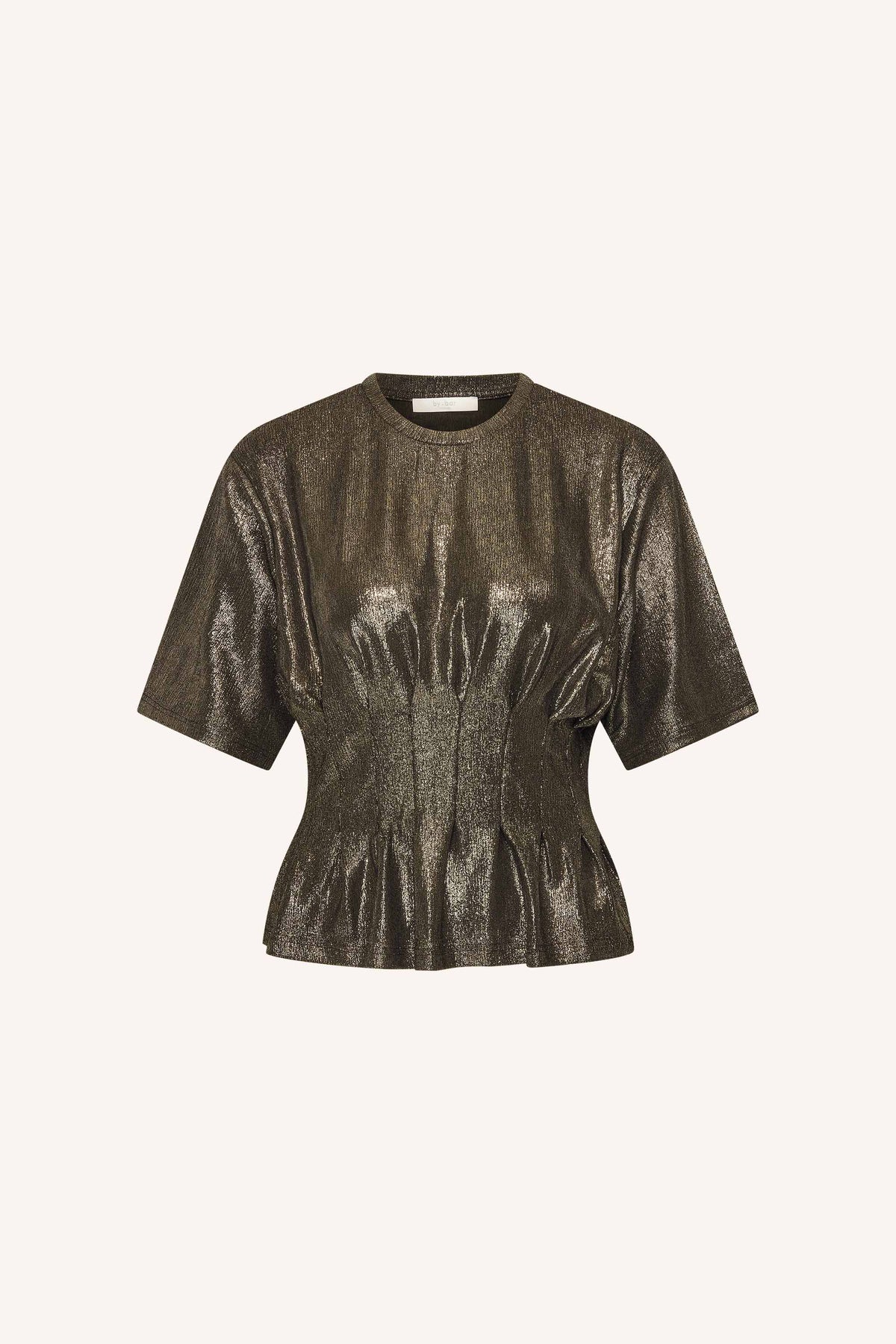 diva-metallic-top-metallic-gold-aansluitende fit-elastisch smok detail-ronde halslijn-by-bar-productfoto