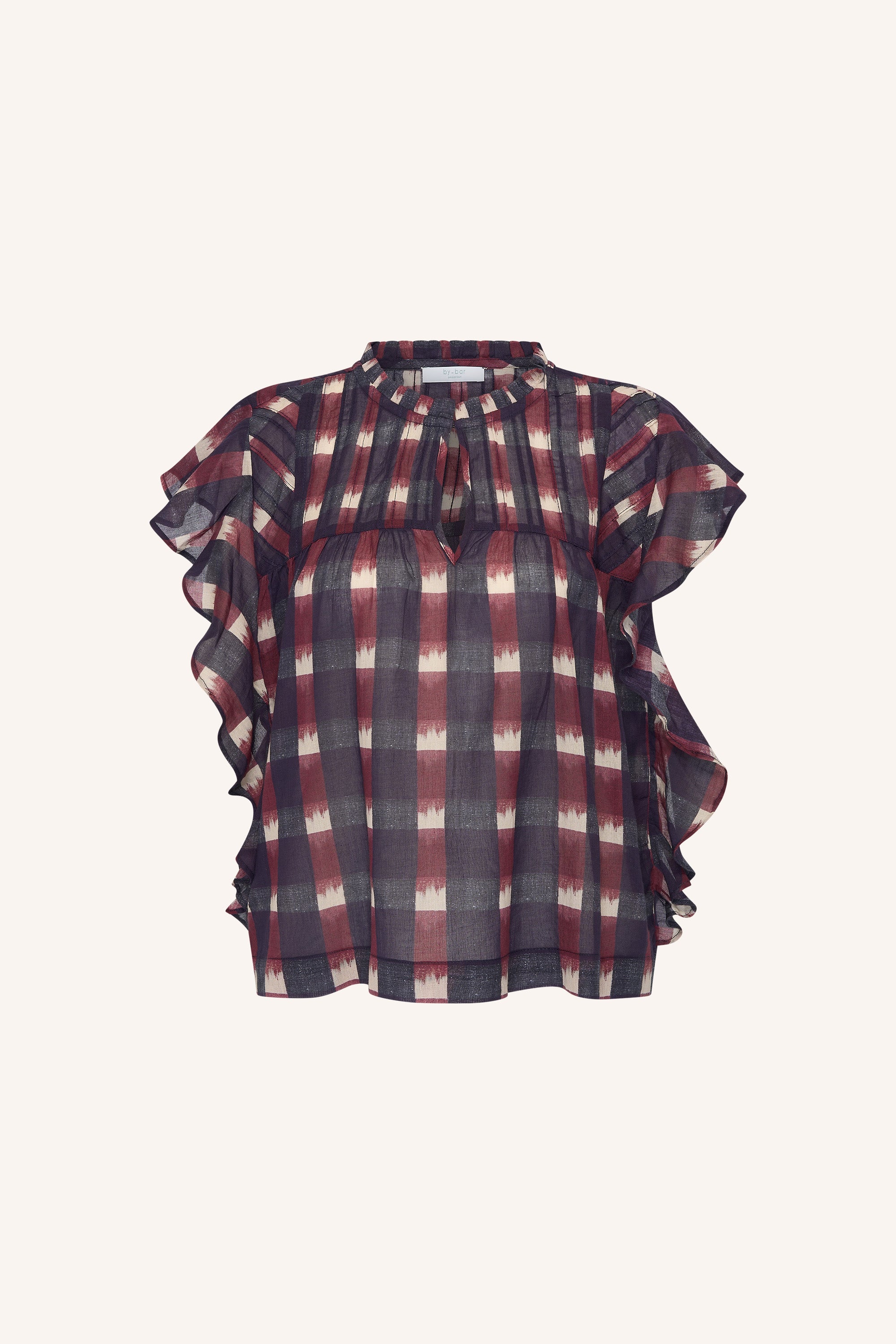 danee-ikat-blouse-wine-ikat-print-biologisch katoen-ronde halslijn-kleine kapmouw-by-bar-productfoto