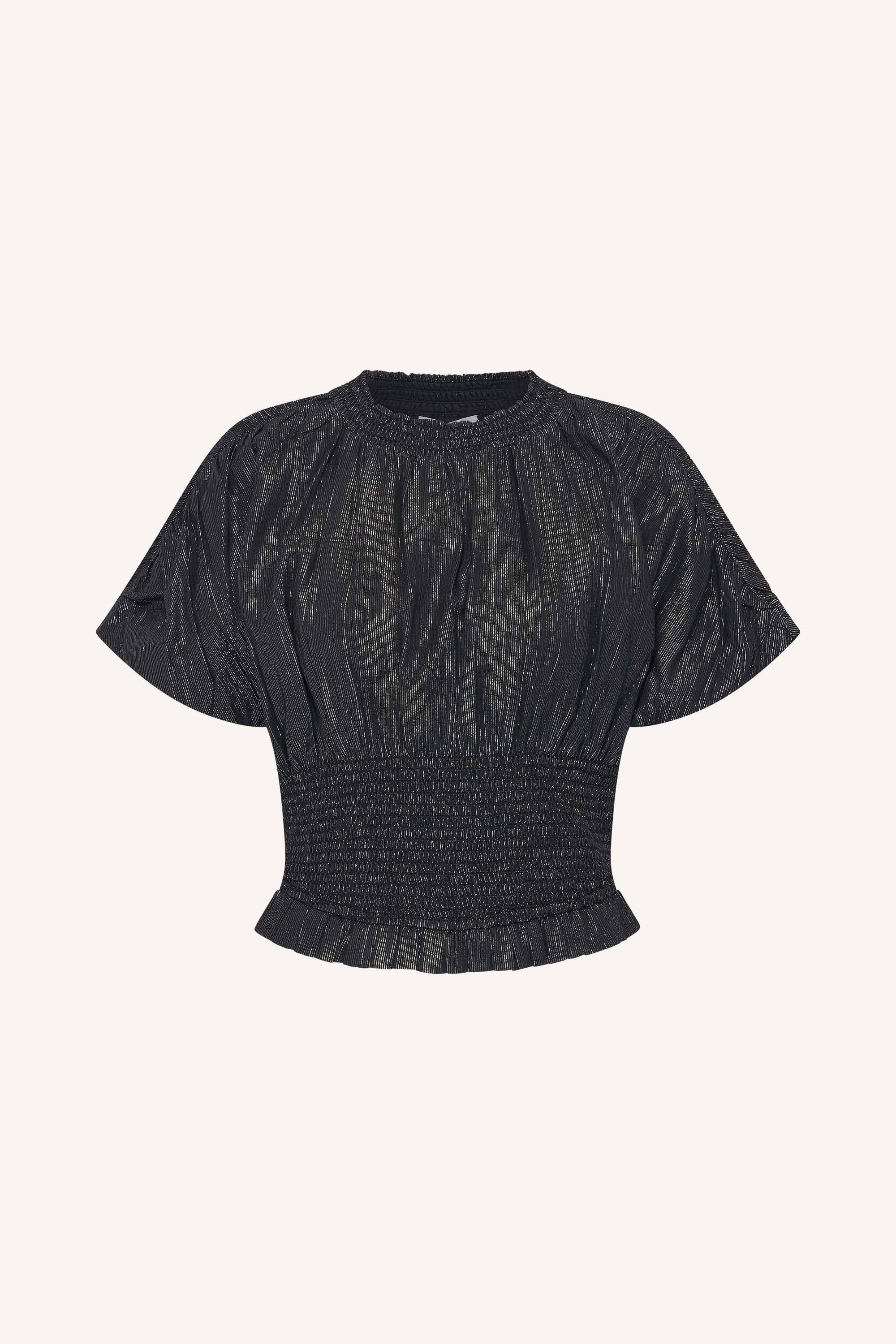 mela-lurex-blouse-silver-aansluitende fit-elastisch smok detail-subtiel geweven lurex draad-by-bar-productfoto