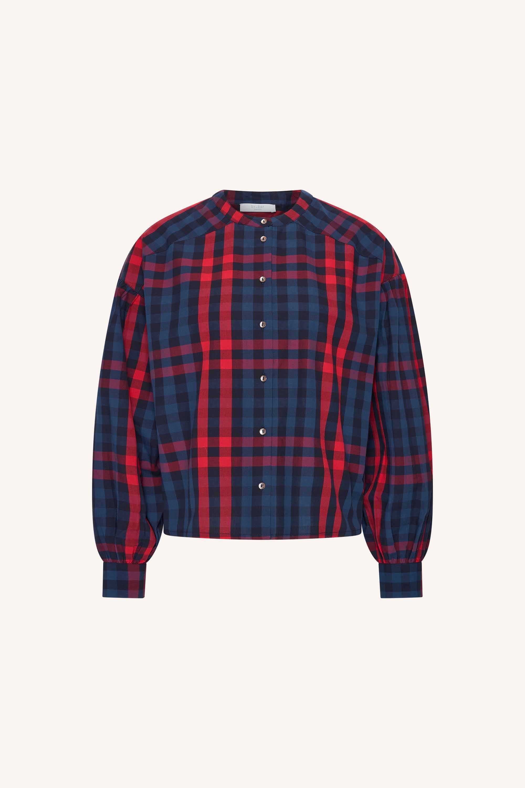 ella-red-check-blouse-royal-red-check-knoopsluiting-biologisch katoen-ronde halslijn-by-bar-productfoto