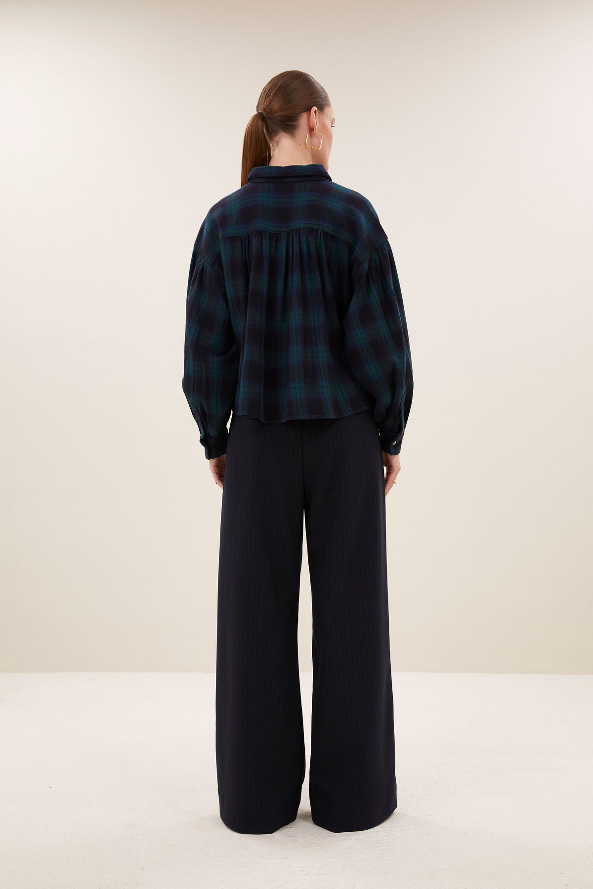 sarah short green check blouse | green tartan check