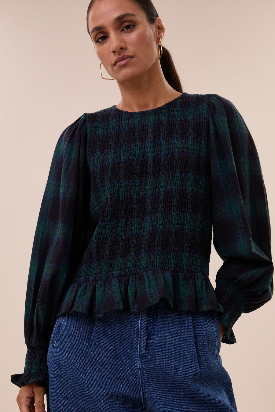 yena green check blouse | green tartan check