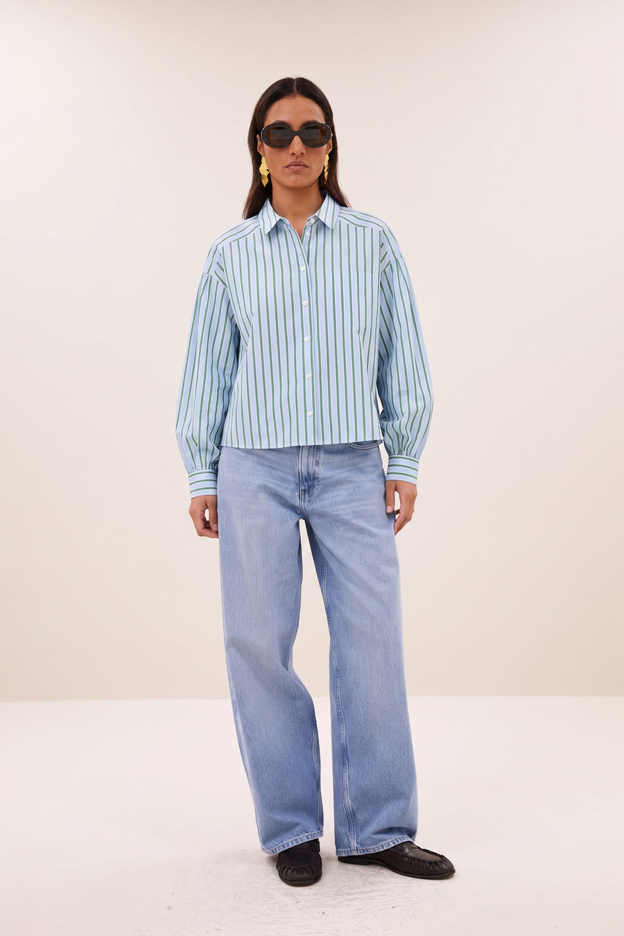 sarah short sea blouse | green sea stripe