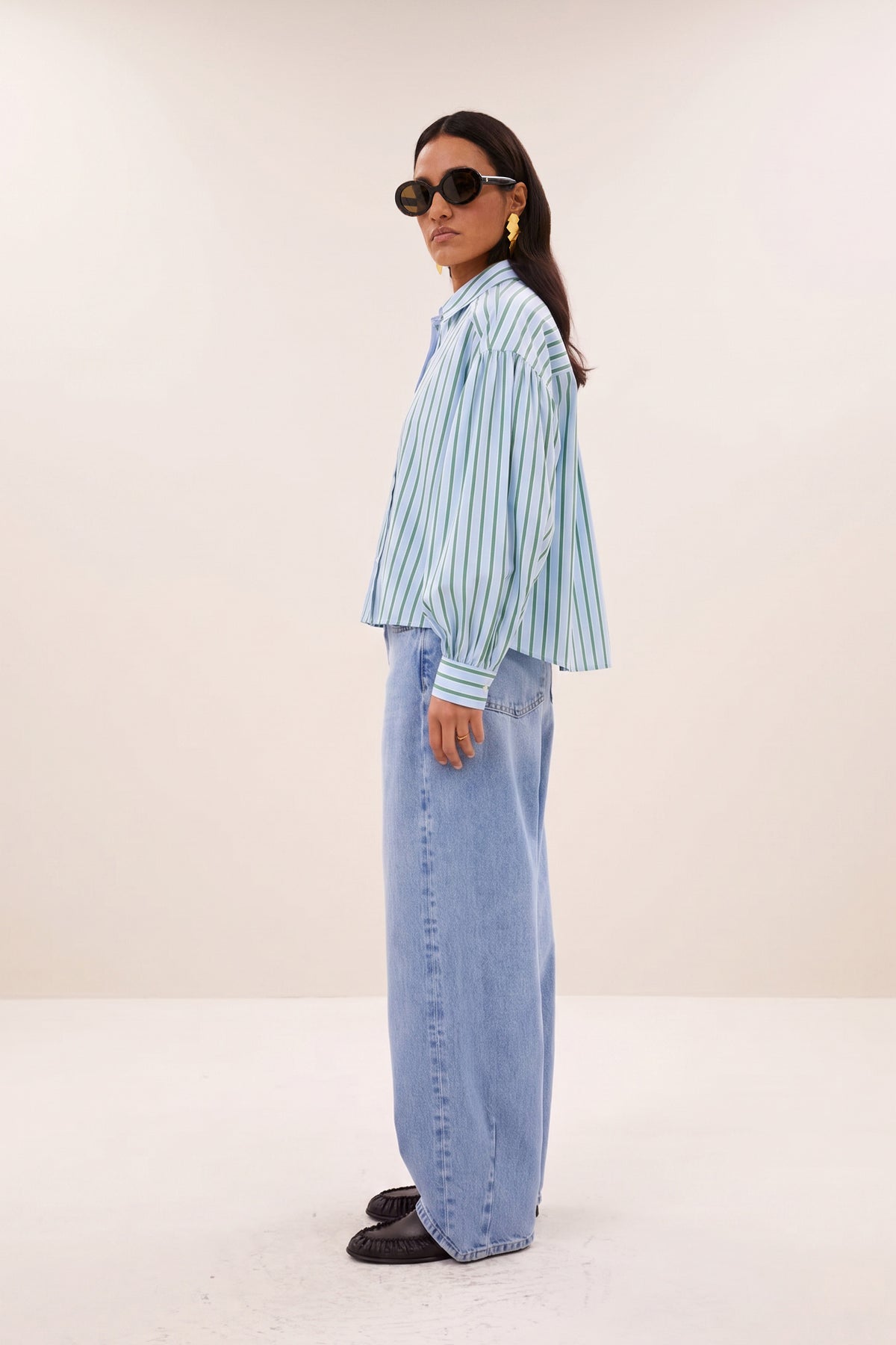 sarah short sea blouse | green sea stripe