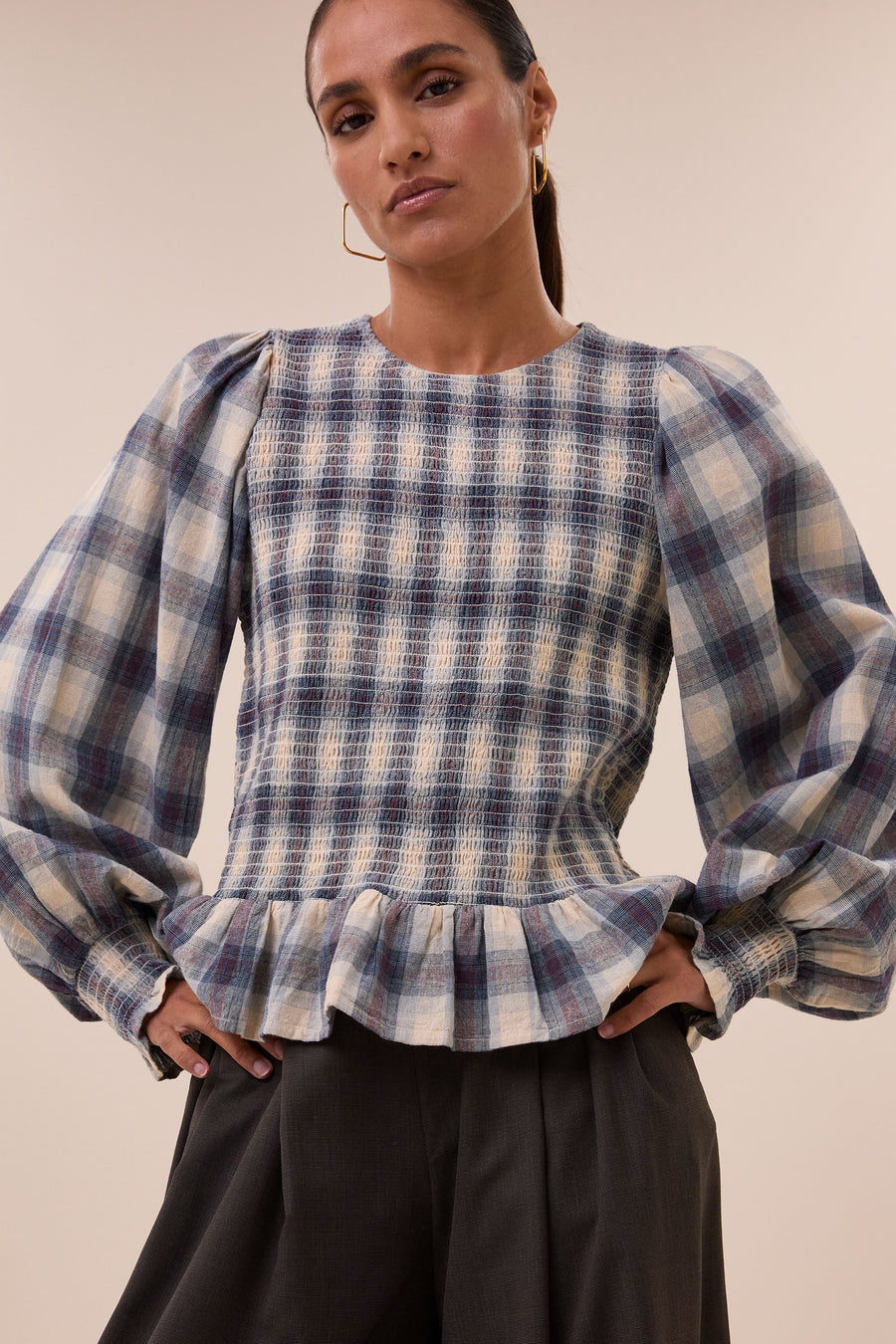 yena-tokyo-check-blouse-tokyo-check-all-time classic-casual fit-elastisch smok detail-by-bar-detail