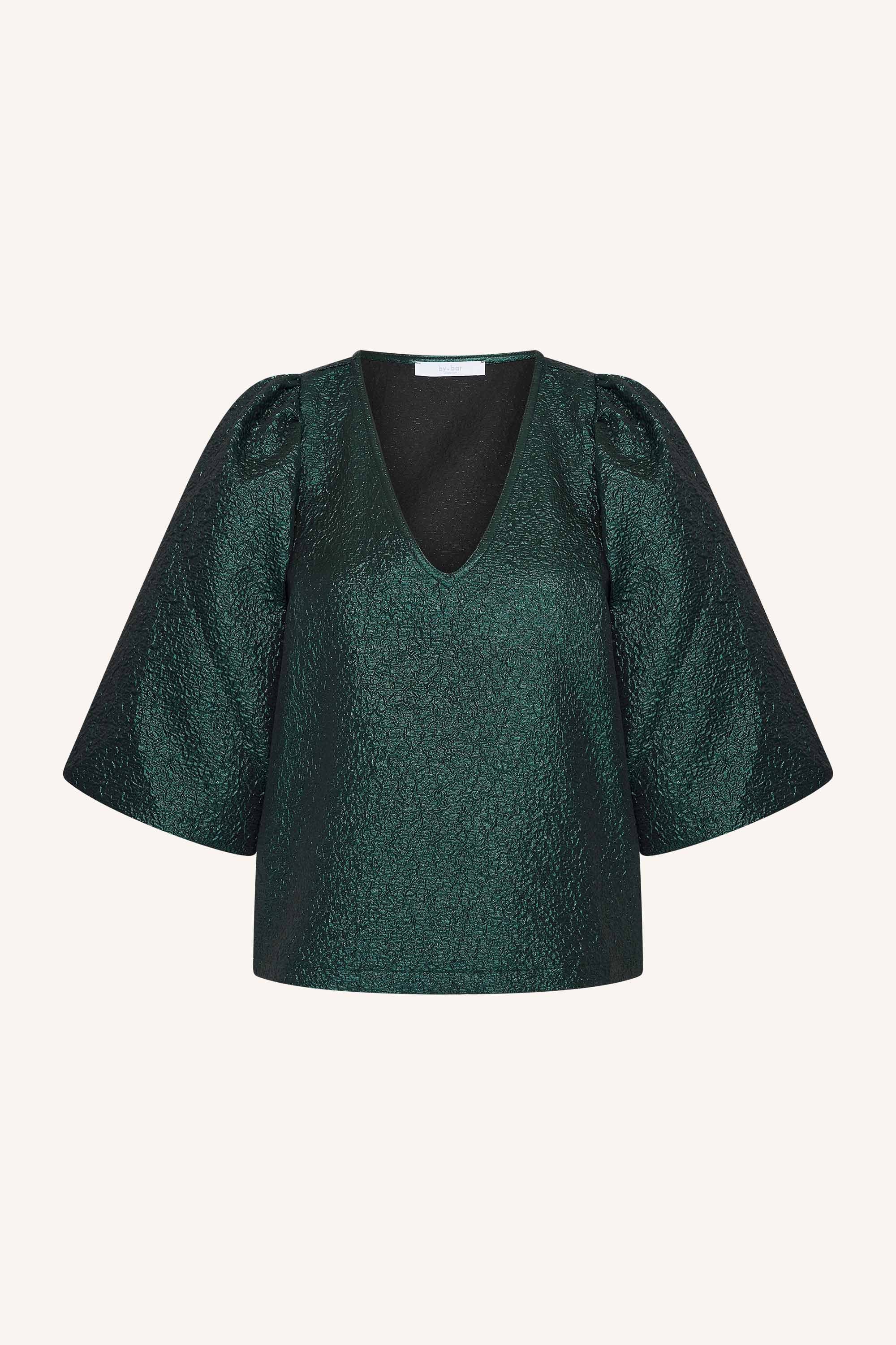 juta-metallic-blouse-green-metallic-korte fit-pofmouwen-v-halslijn-by-bar-productfoto