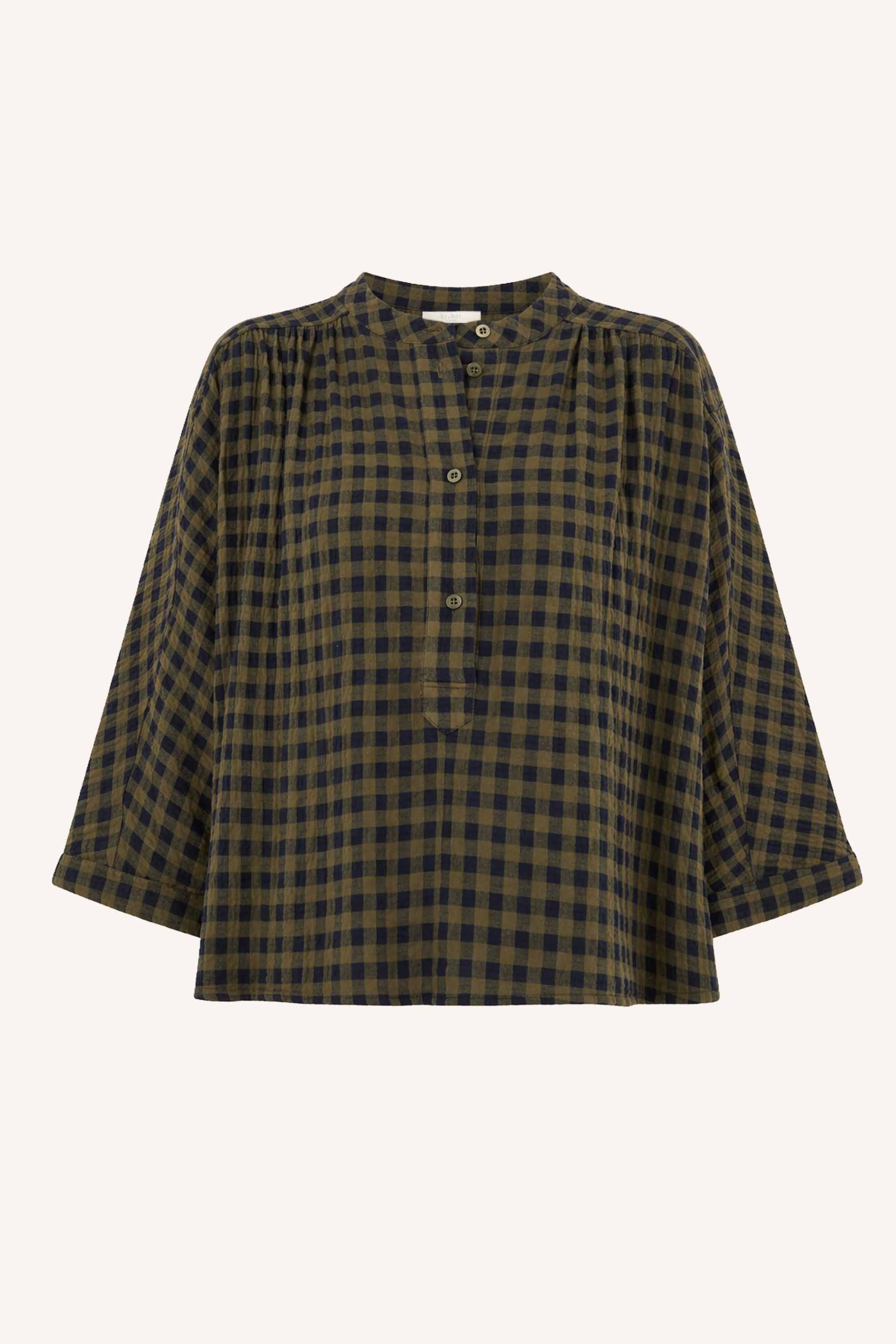 jess-blouse-olive-check-comfortabele draagervaring-knoopsluiting-ronde halslijn-by-bar-productfoto