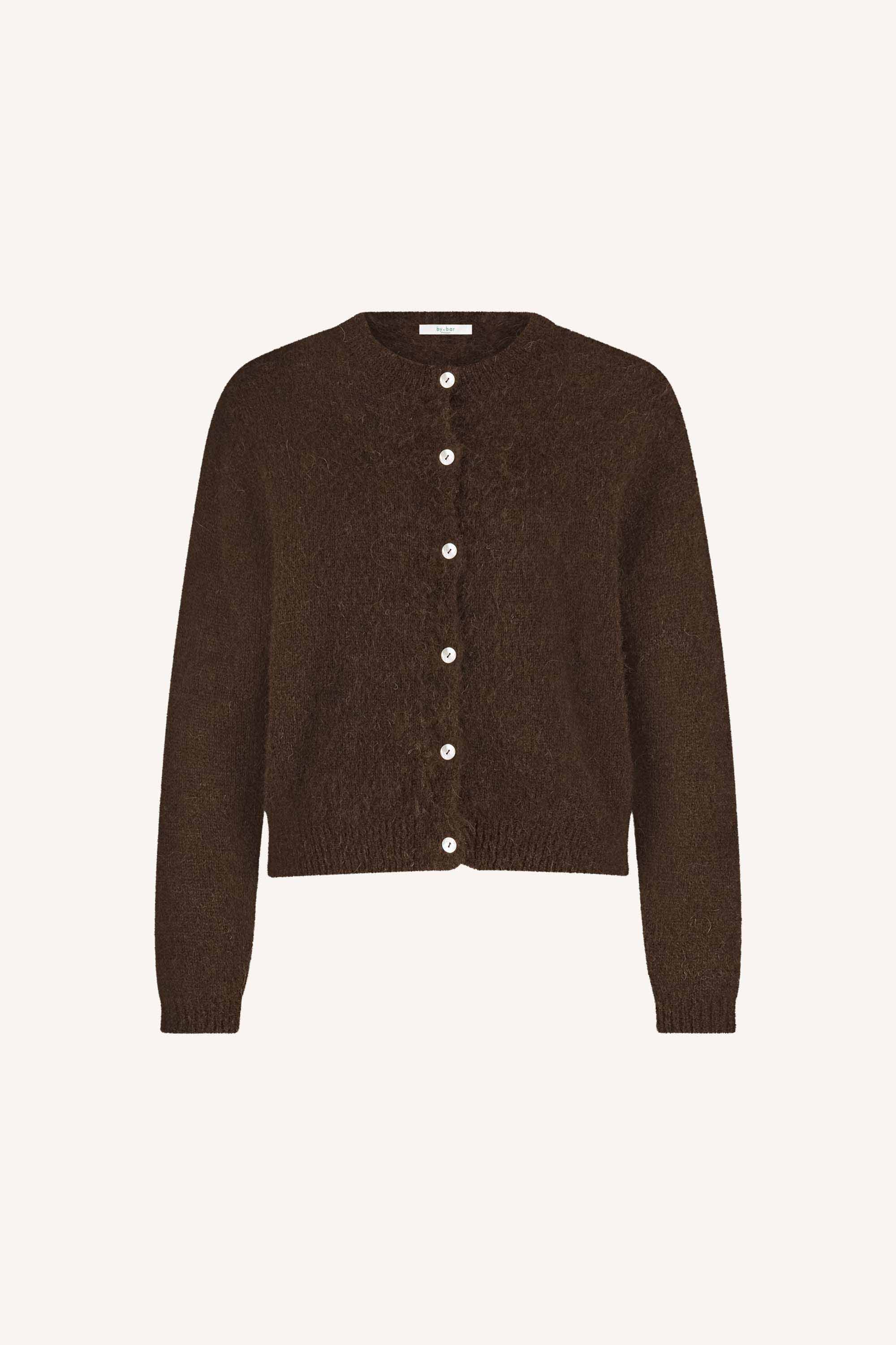 cleo-cardigan-deep-brown-all-time classic-knoopsluiting-ronde halslijn-by-bar-productfoto
