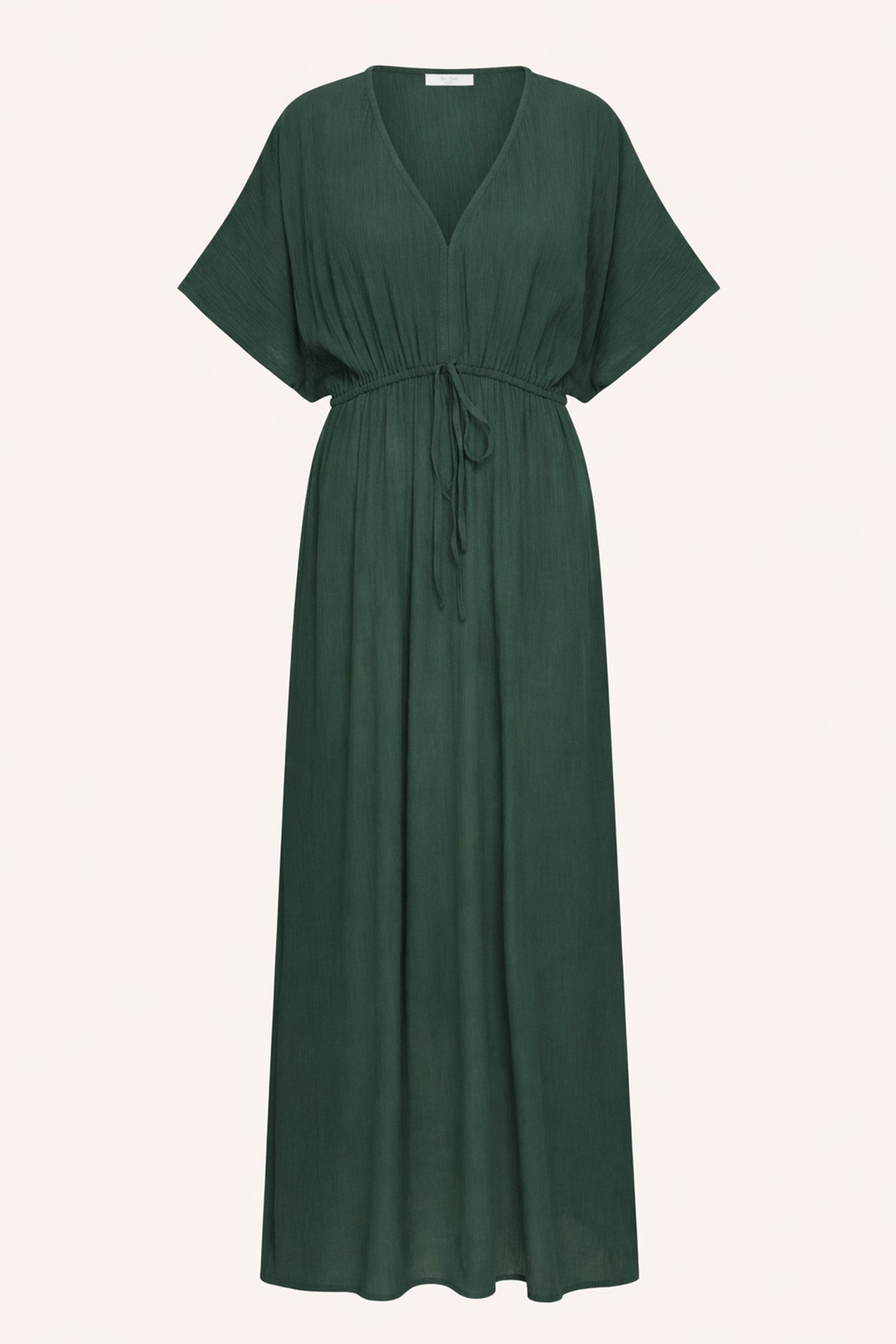 long-twill-dress-dried-basil-1-vleermuis mouw-geplooide details-v-halslijn-by-bar-productfoto