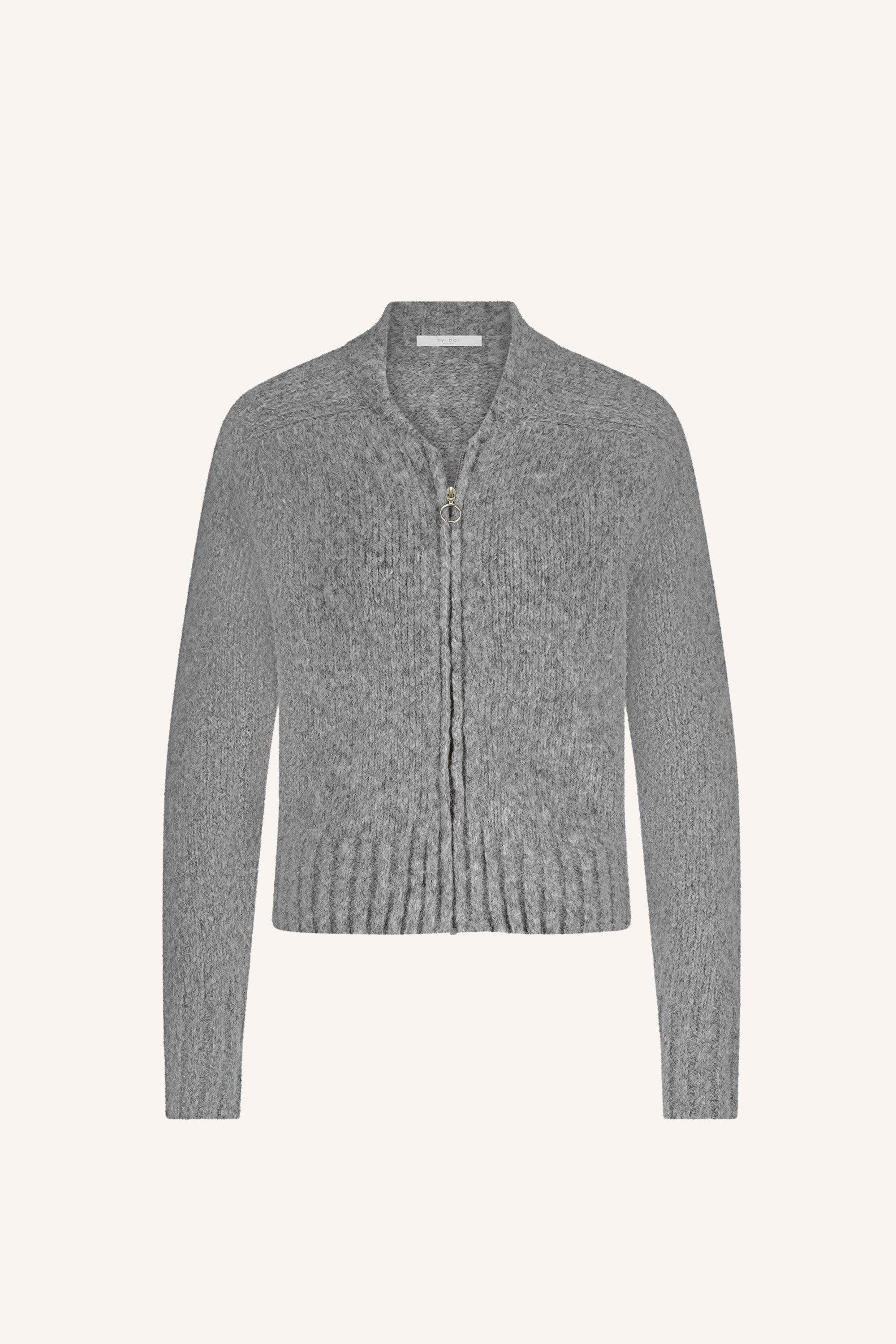 jonas zipp cardigan - grey melee, korte fit, all-time classic, ritssluiting - by-bar - productfoto