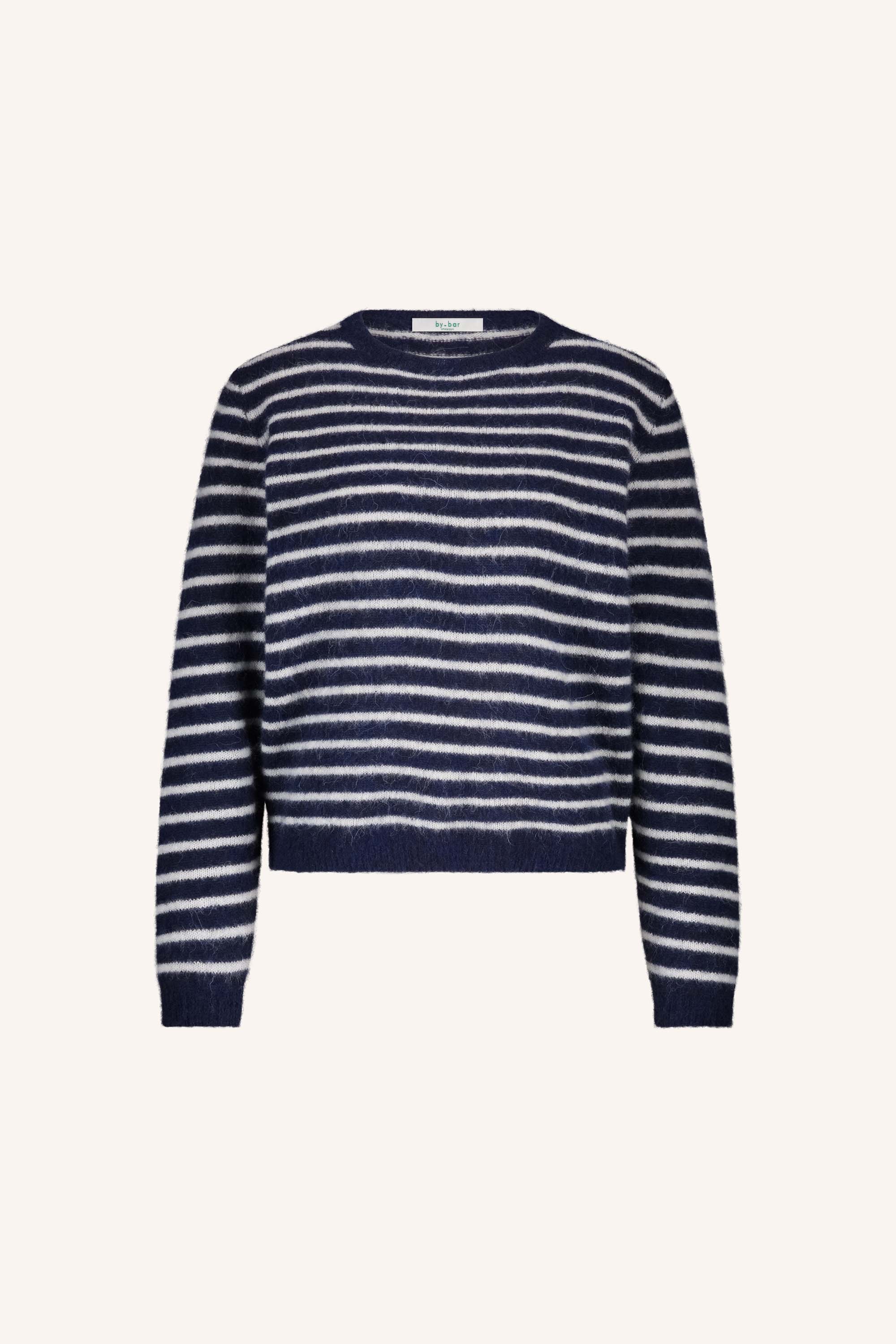 benny stripe pullover - midnight small stripe, verlaagde schoudernaden, normale pasvorm, wolblend - by-bar - productfoto