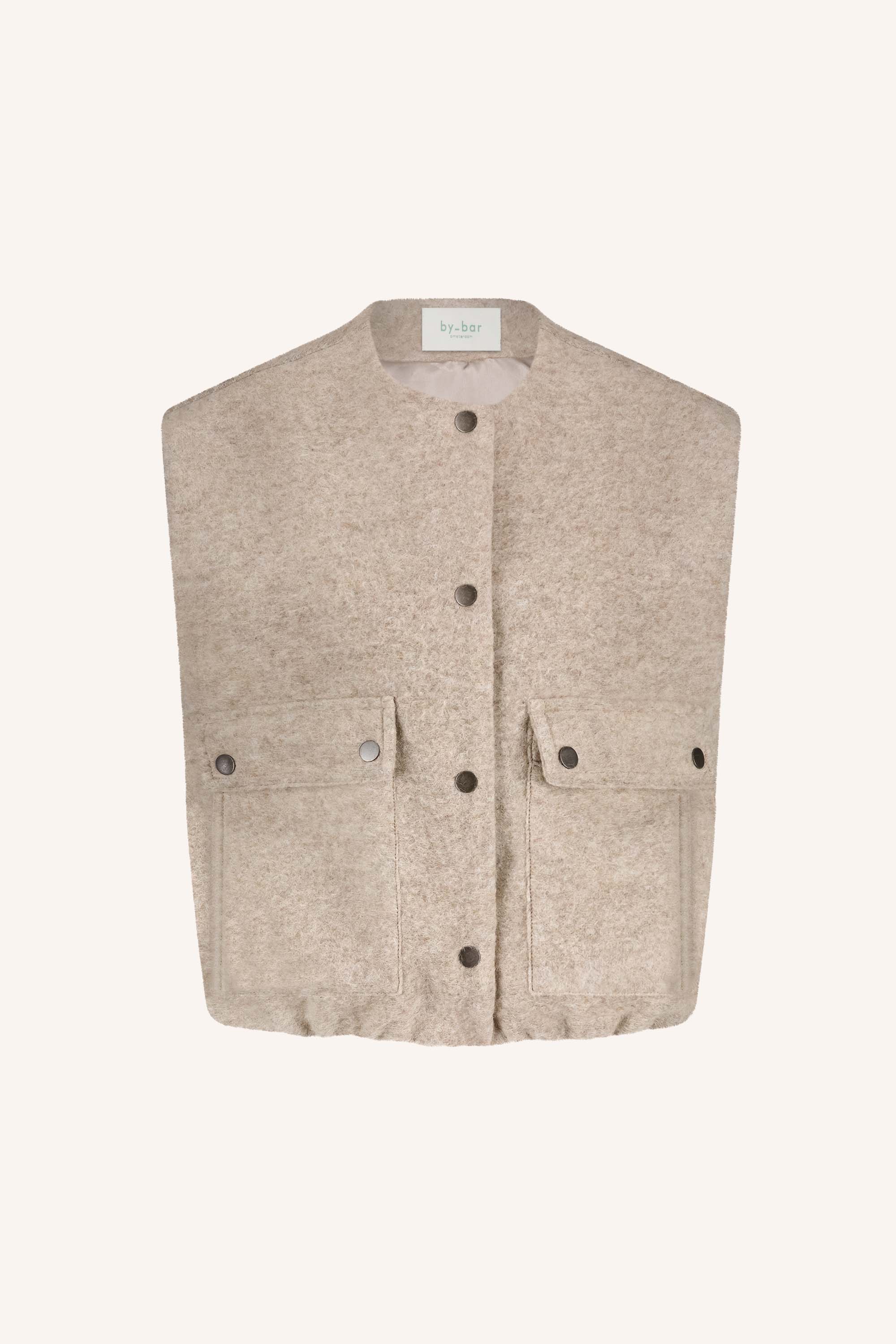 maggie sleeveless jacket - dark sand, elastieken band, binnenvoering, wolblend - by-bar - extra 