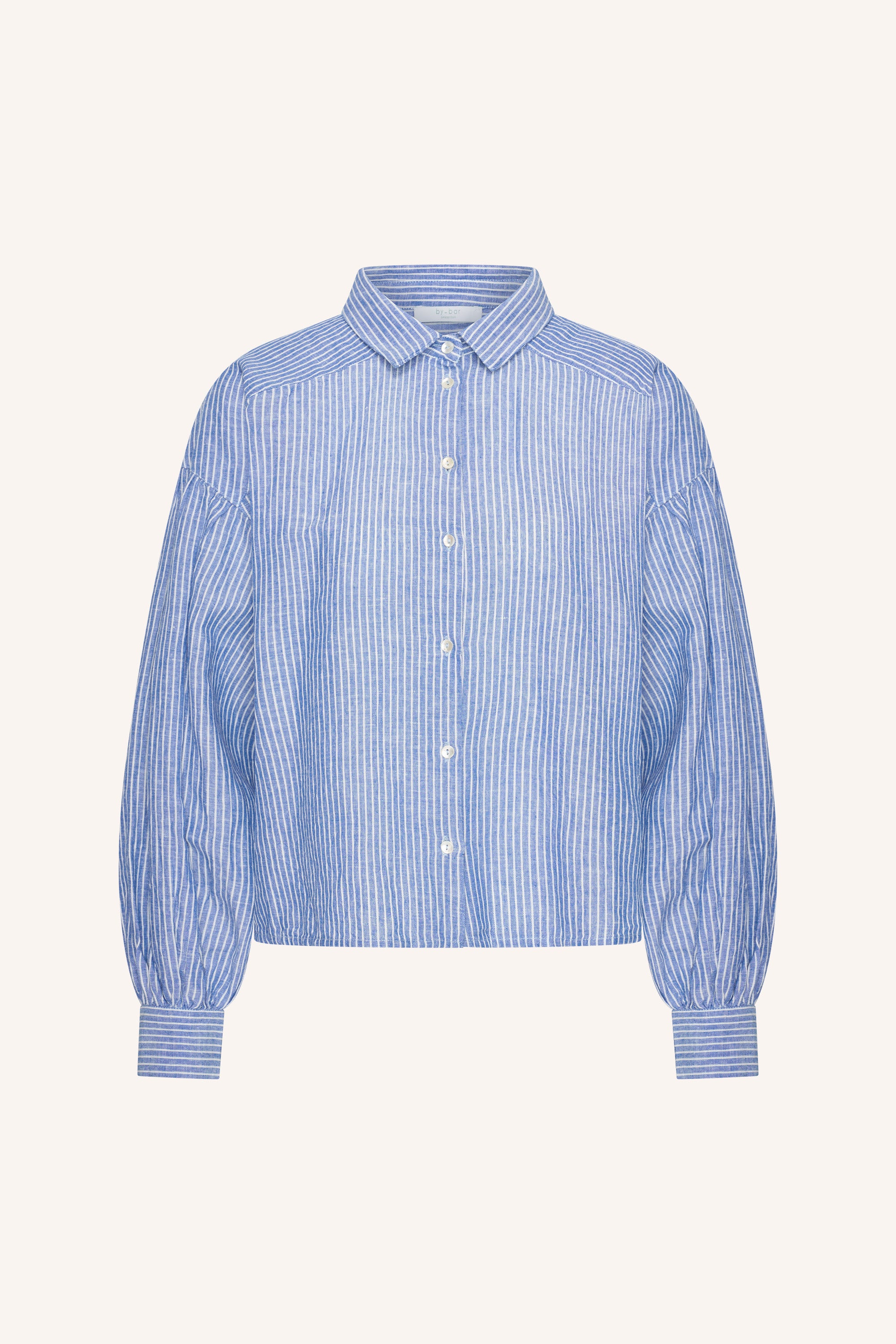 sarah short linen blouse | blue stripe