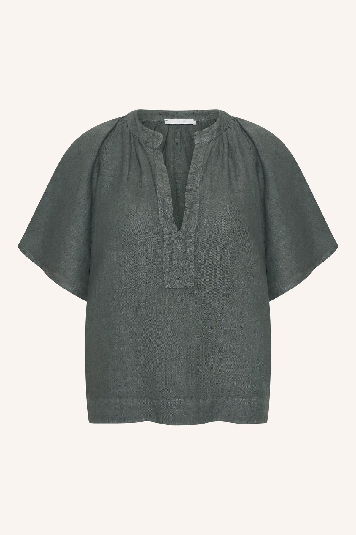 vina-linen-blouse-charcoal-kleine kapmouw-draagbaar als set-v-halslijn-by-bar-productfoto