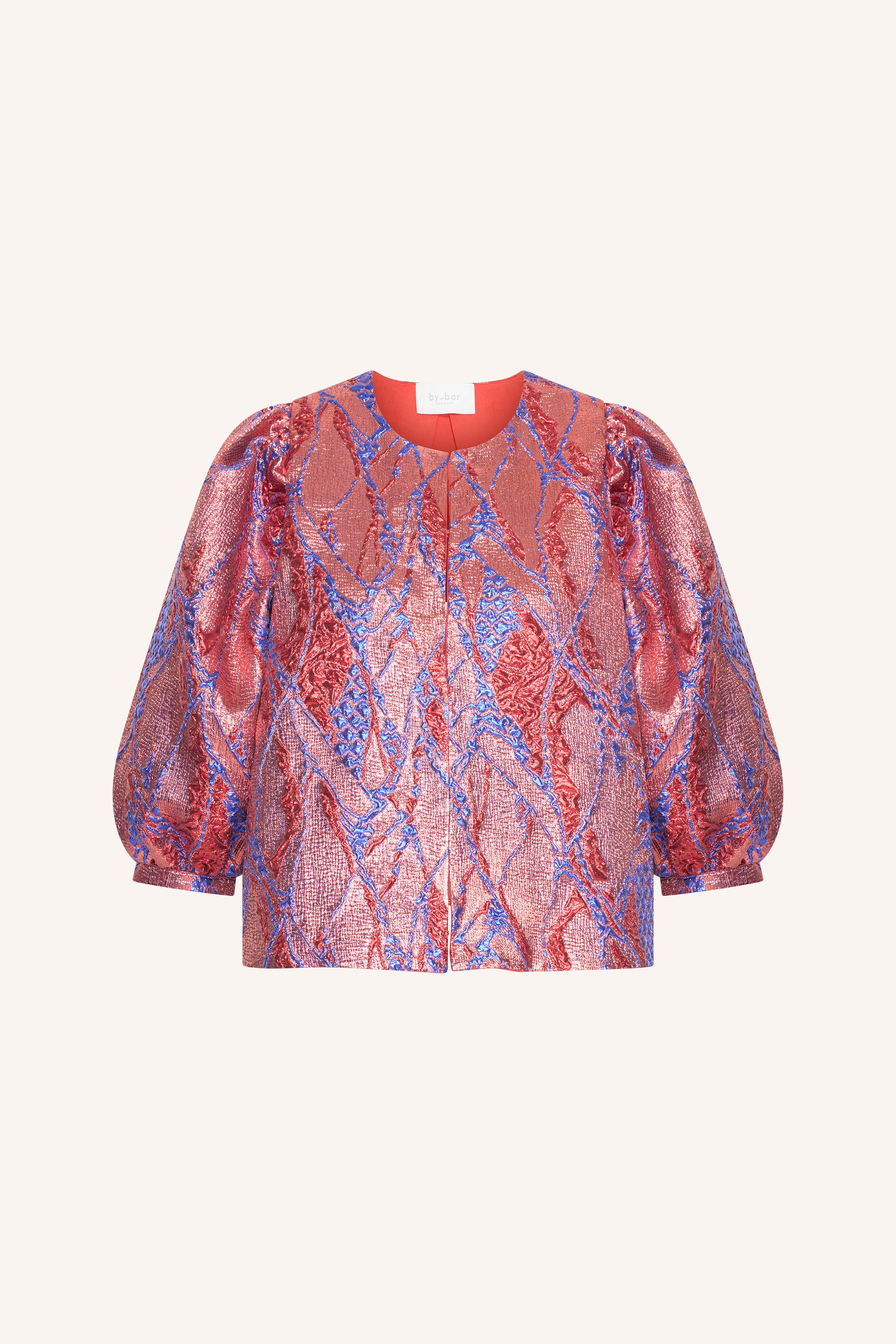 mauri-jacquard-blouse-coral-korte fit-verborgen haak-en-oogsluiting-pofmouwen-by-bar-productfoto
