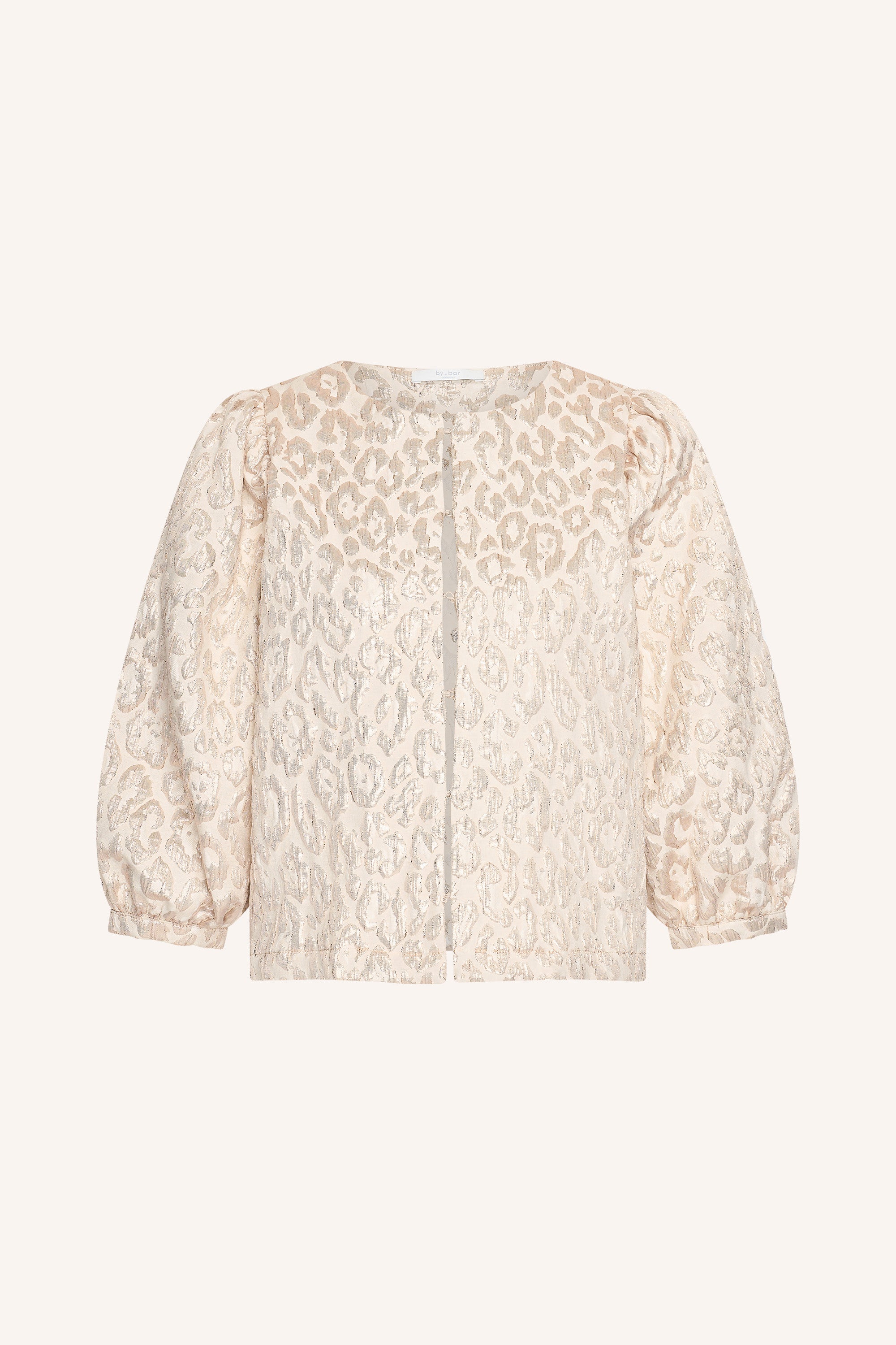 mauri-sparkle-cheetah-blouse-champagne-korte fit-verborgen haak-en-oogsluiting-subtiel geweven lurex draad-by-bar-productfoto