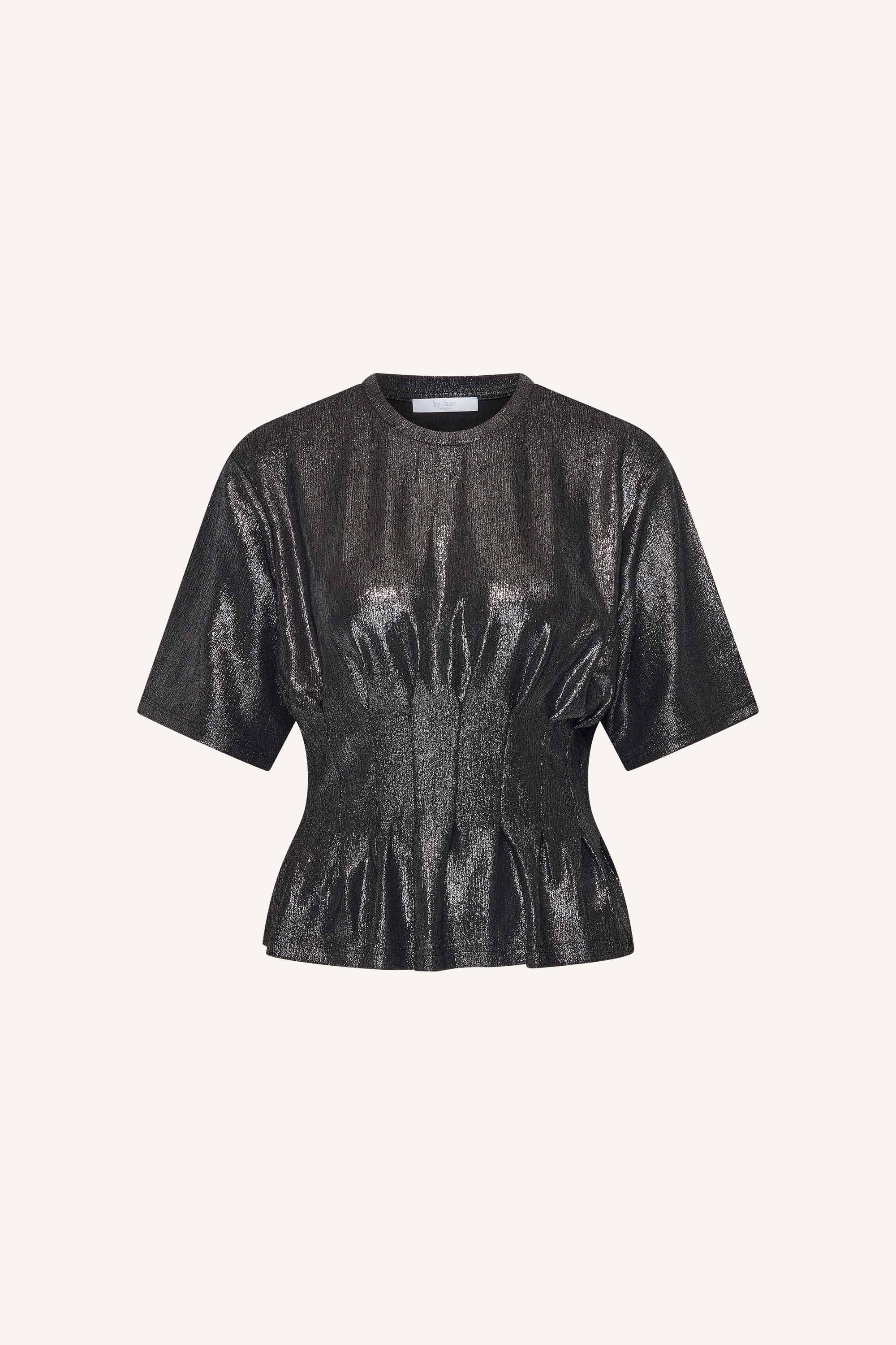 diva-metallic-top-metallic-silver-aansluitende fit-elastisch smok detail-ronde halslijn-by-bar-productfoto