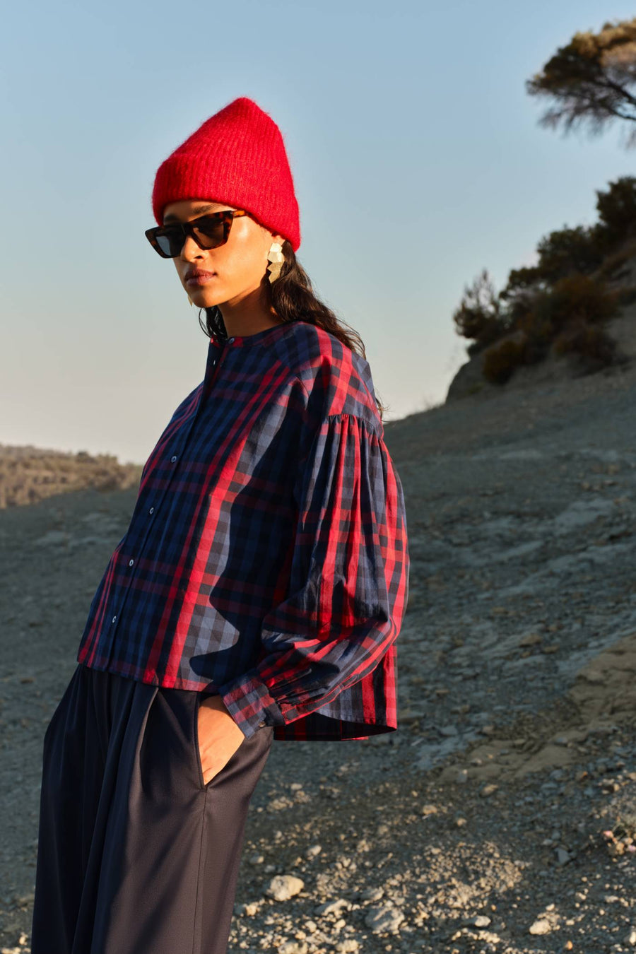 ella red check blouse | royal red check