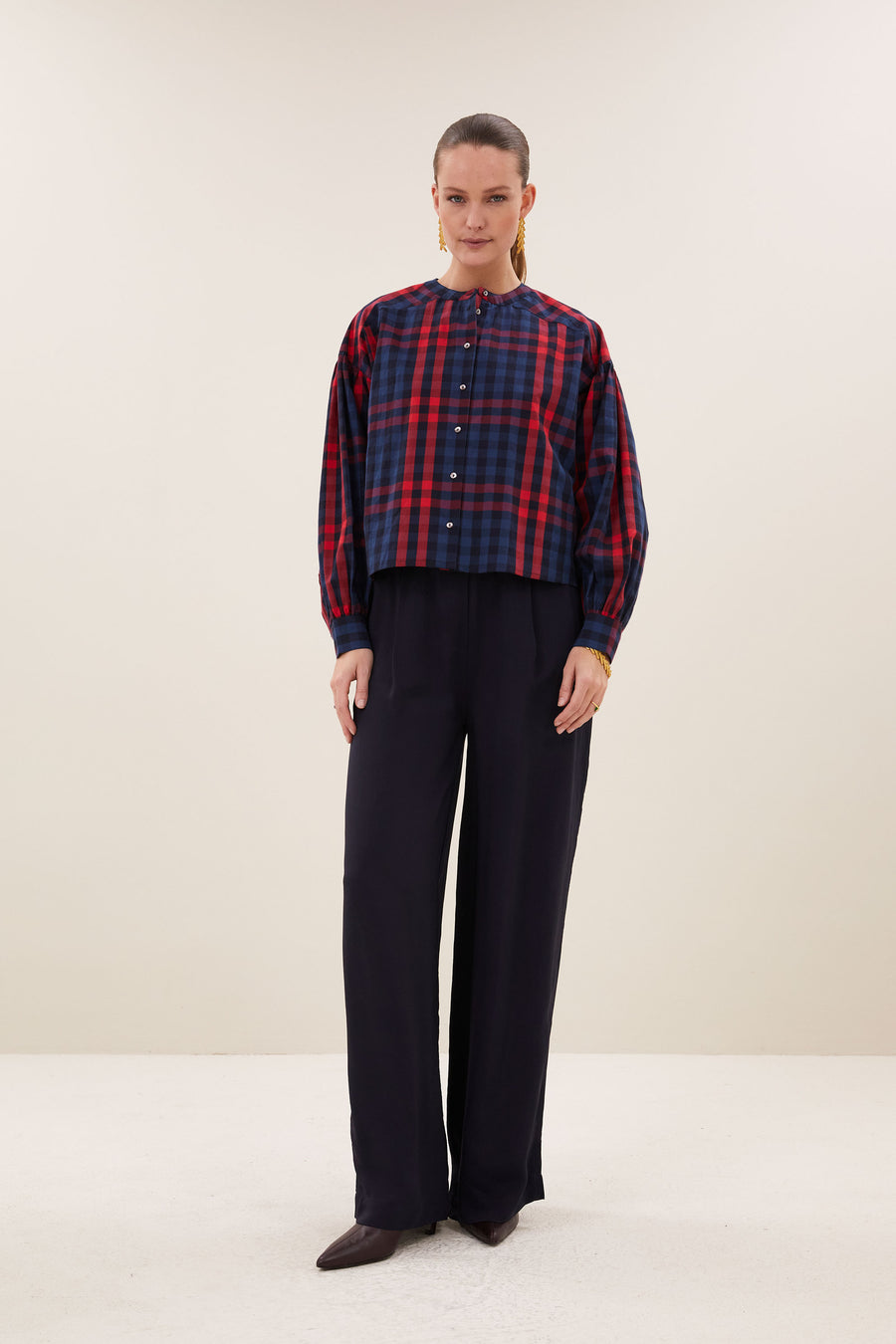 ella red check blouse | royal red check