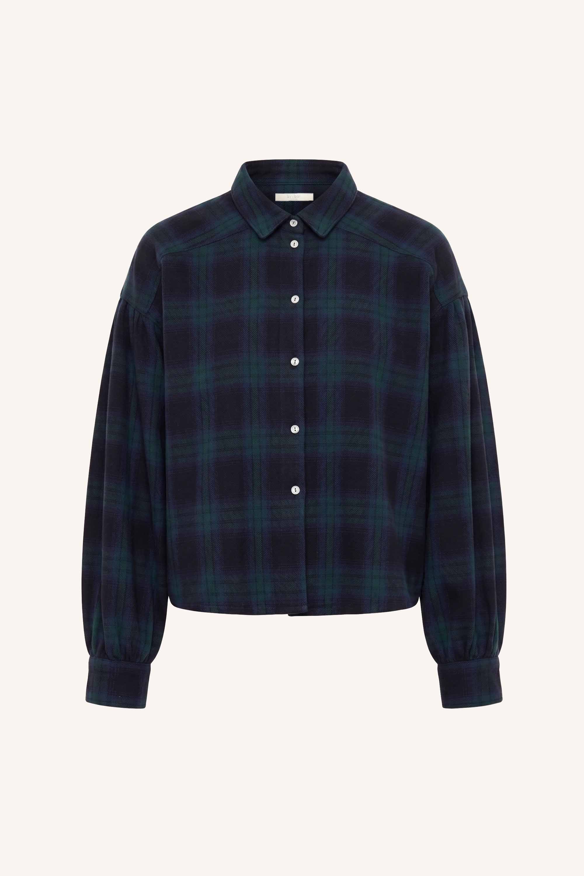 sarah-short-green-check-blouse-green-tartan-check-korte fit-knoopsluiting-biologisch katoen-by-bar-productfoto