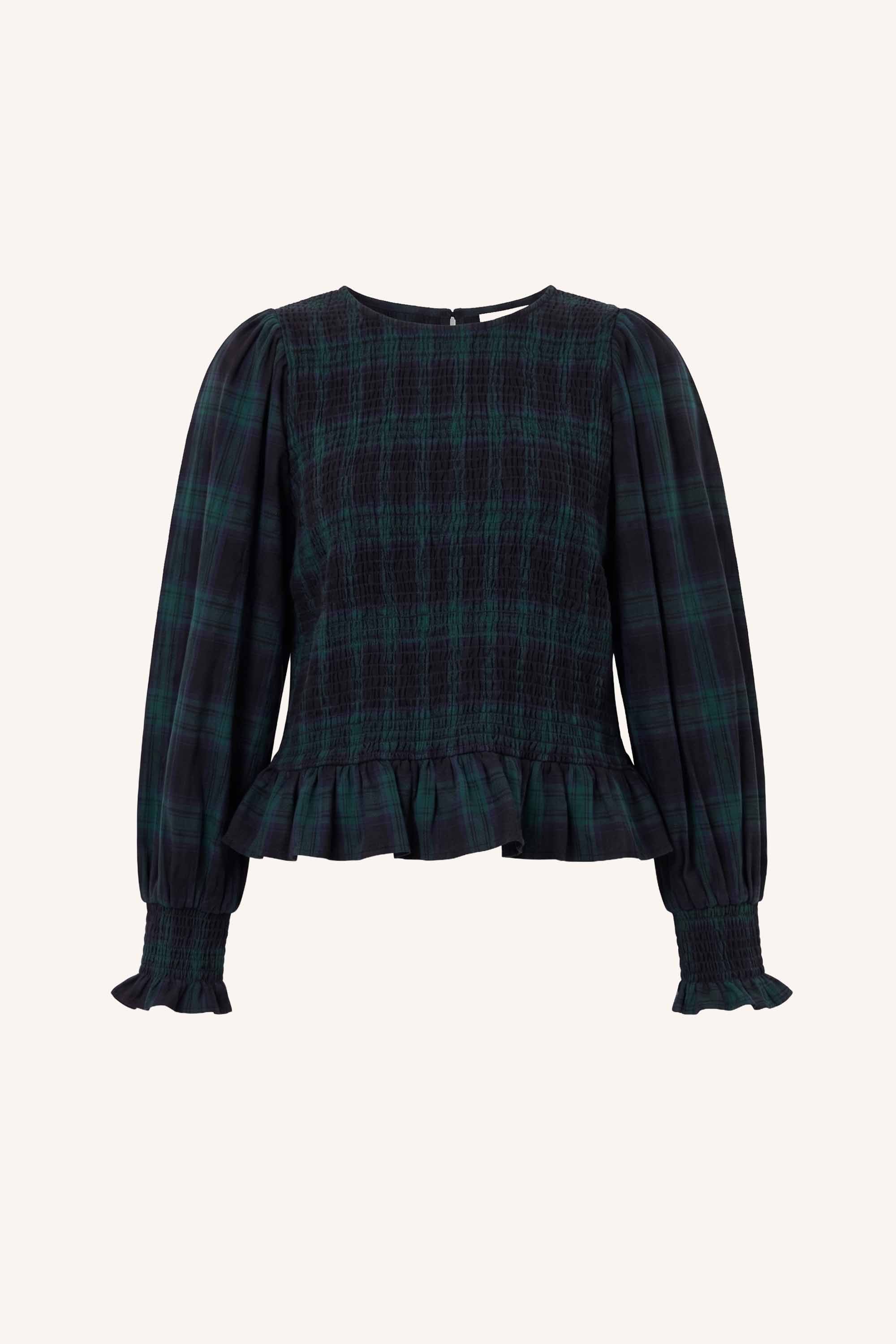 yena-green-check-blouse-green-tartan-check-knoopsluiting-elastisch smok detail-ronde halslijn-by-bar-productfoto