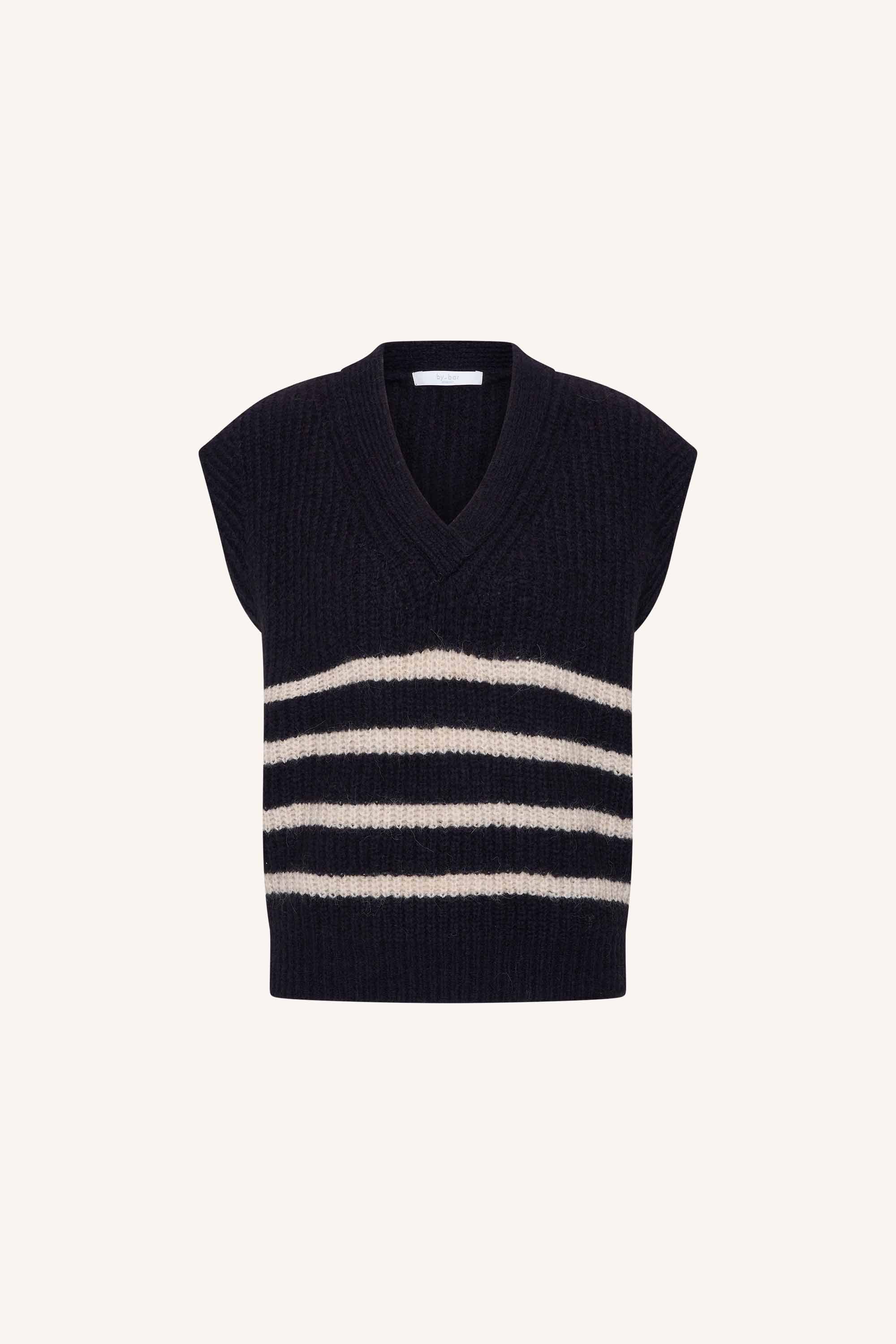 lune-spencer-midnight-marine-stripe-alpacamix kwaliteit-all-time classic-v-halslijn-by-bar-productfoto