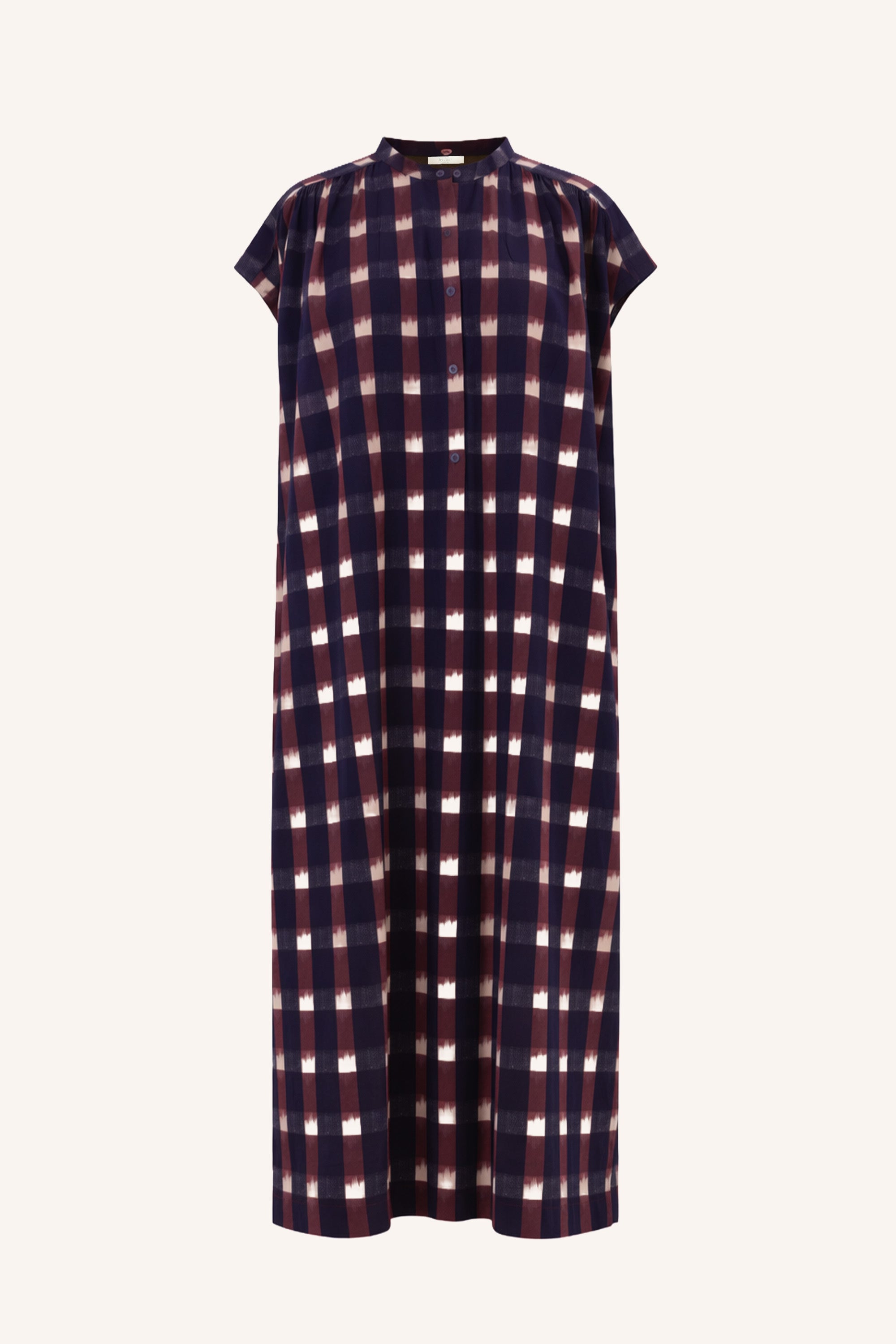nana-ikat-dress-wine-ikat-print-knoopsluiting-ronde halslijn-kleine kapmouw-by-bar-productfoto