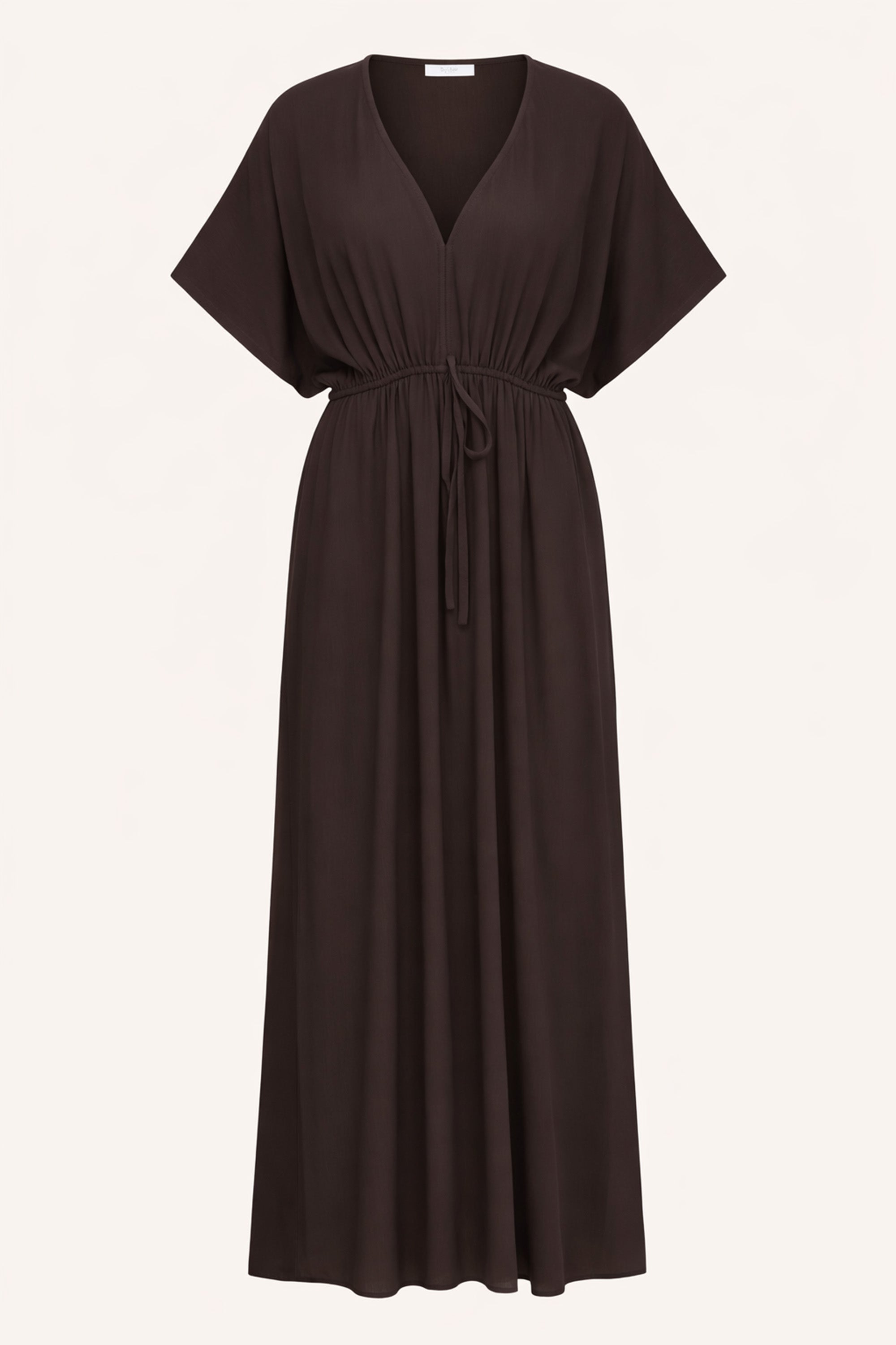 long-twill-dress-espresso-vleermuis mouw-geplooide details-v-halslijn-by-bar-productfoto